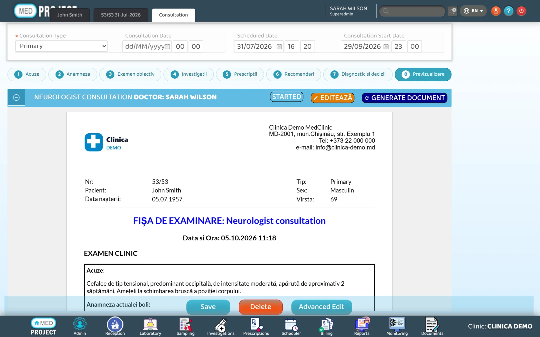 Exam sheet preview generated from the consultation