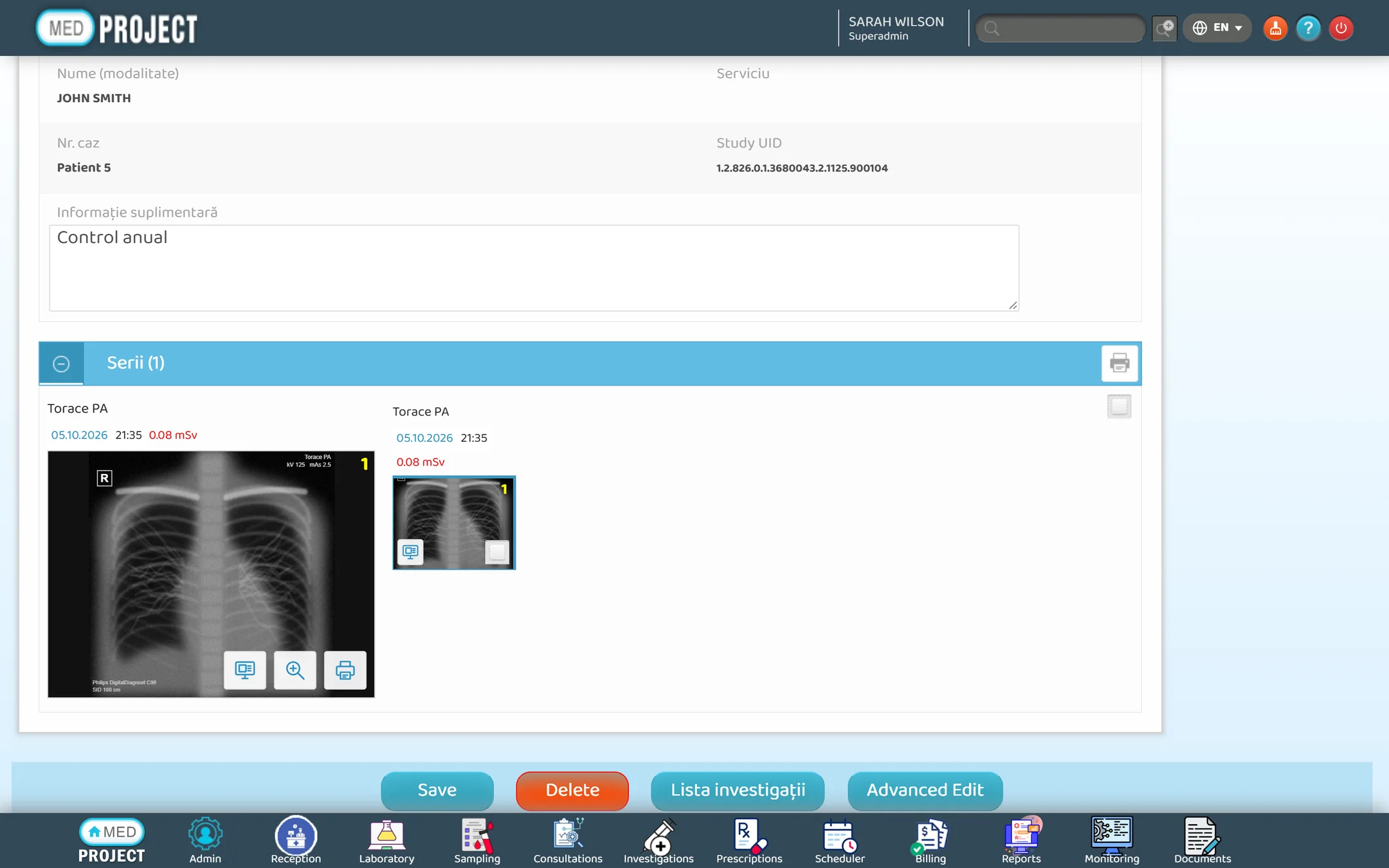 Imaging study page with the series gallery, radiation dose and the Advanced Viewer button