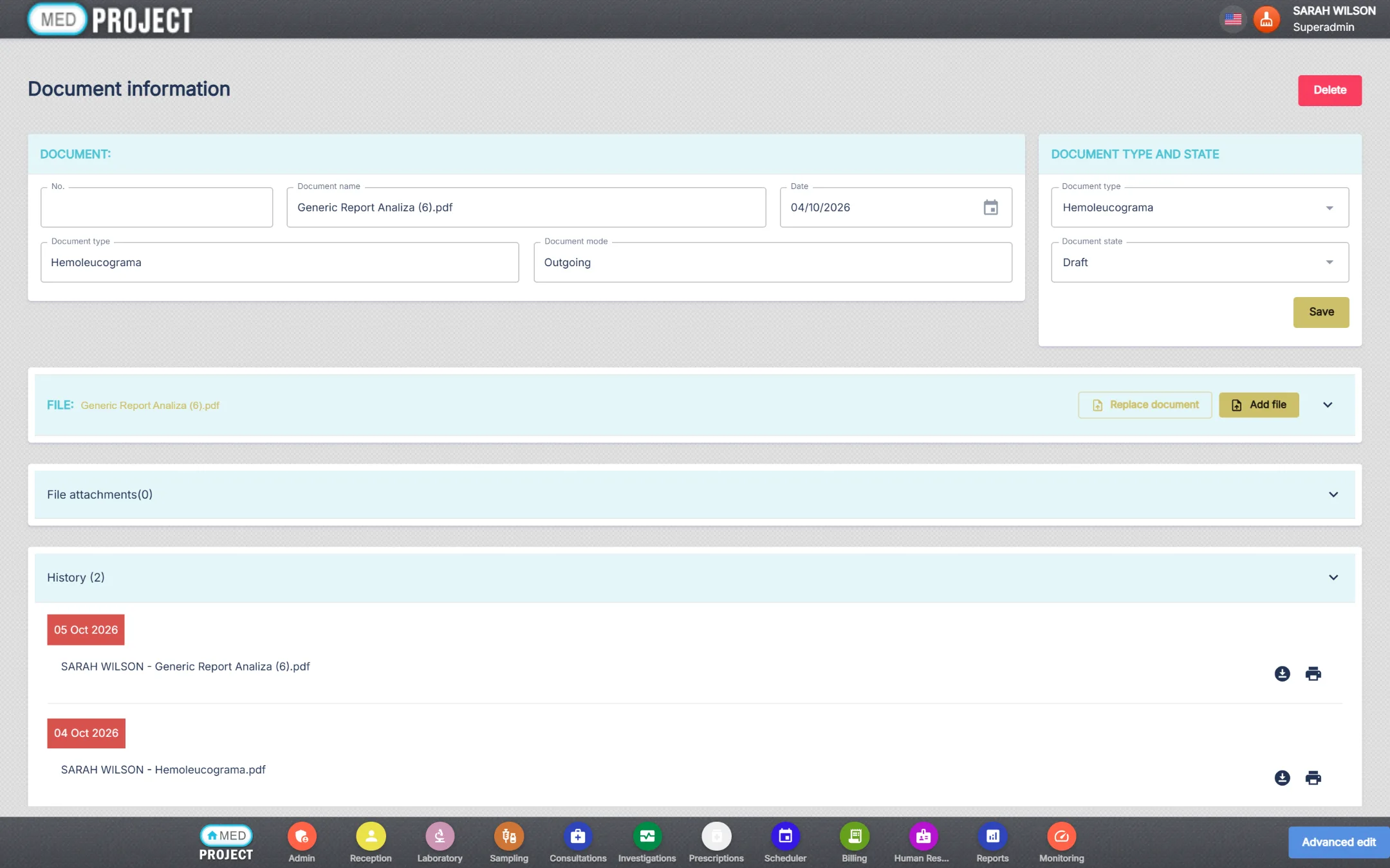 Document page with its history: two saved versions of the file, each with the user, the date and download and print buttons