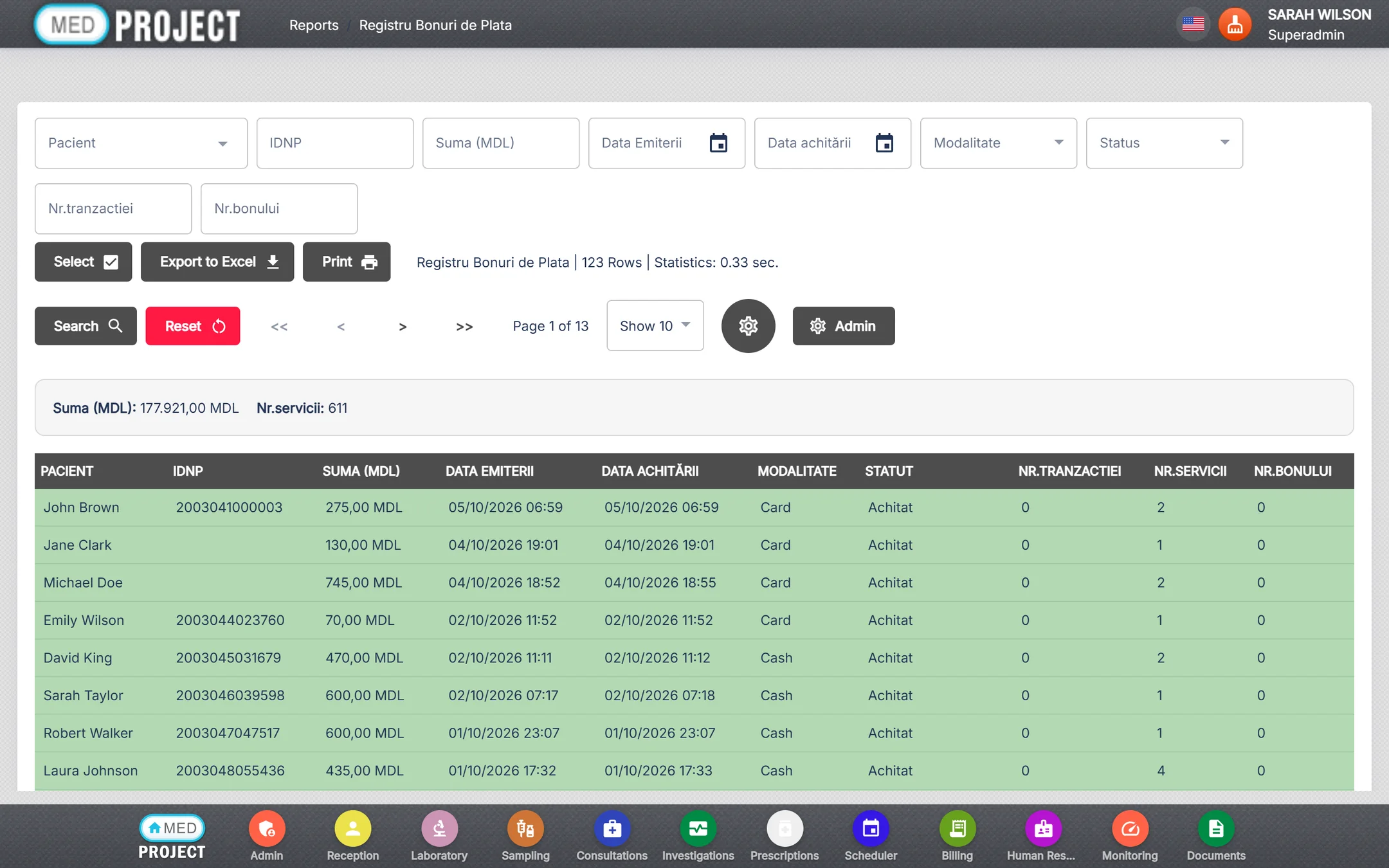 Register of payment receipts with totals in MDL