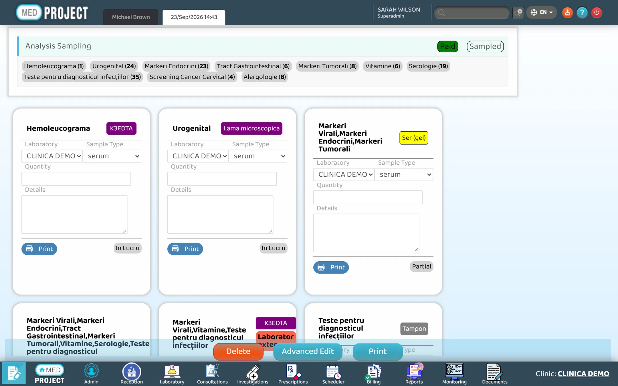 Sample collection form: tubes by type with laboratory, sample type and status