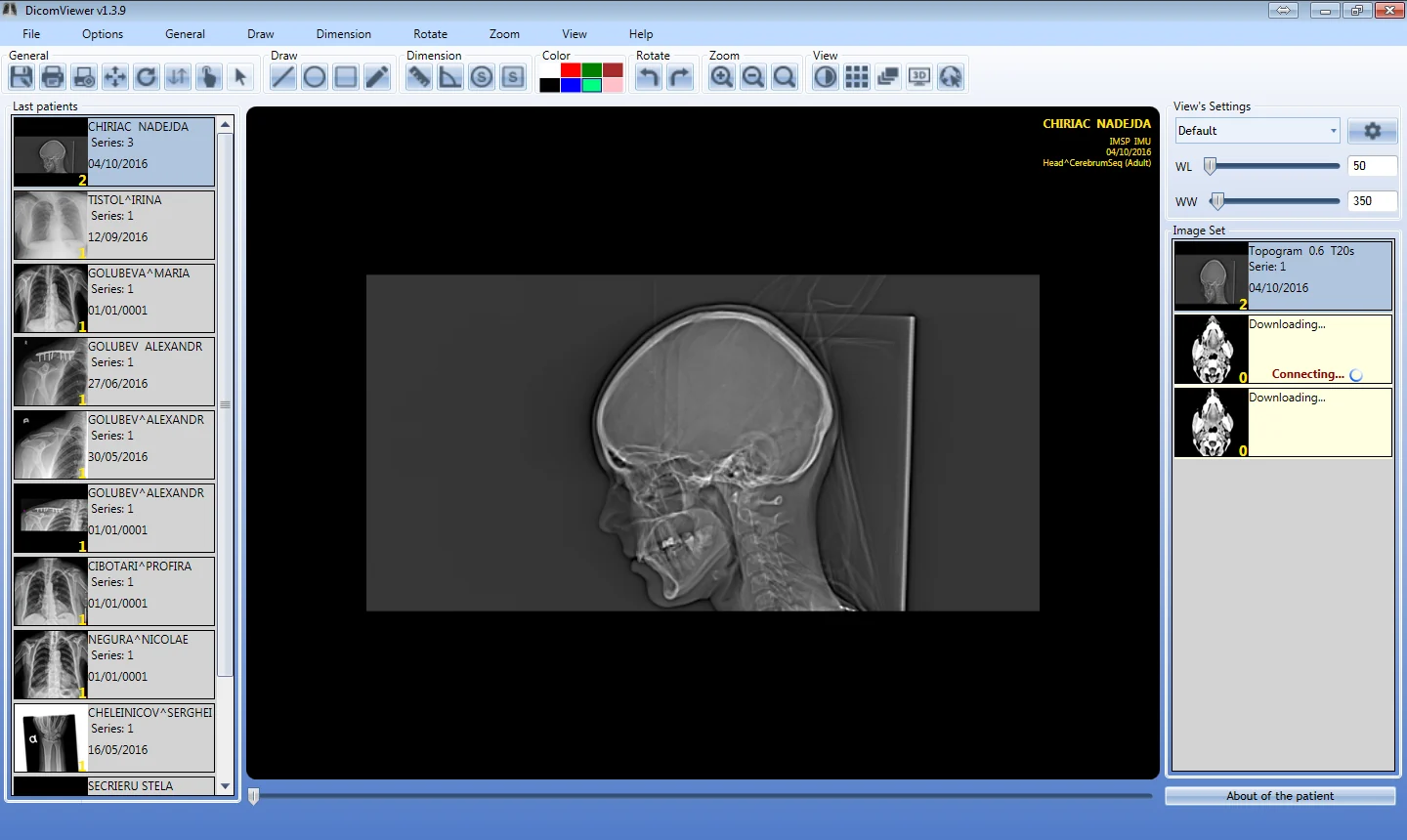DICOM Viewer: series of the last patients next to a skull X-ray